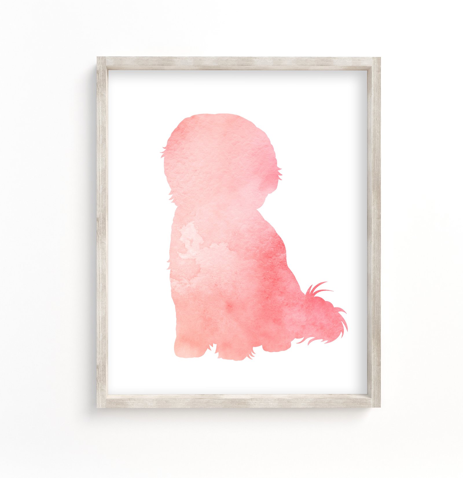 pink silhouette of a bichon frise dog made with watercolor