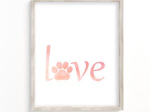 pink love art print, the o in love looks like a dog paw print