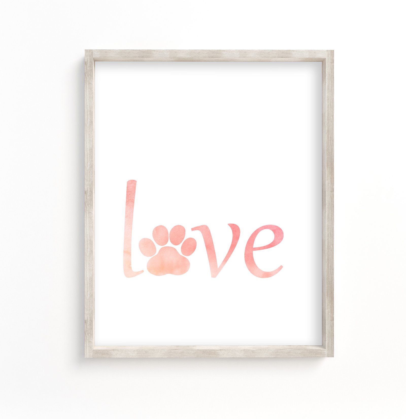 pink love art print, the o in love looks like a dog paw print
