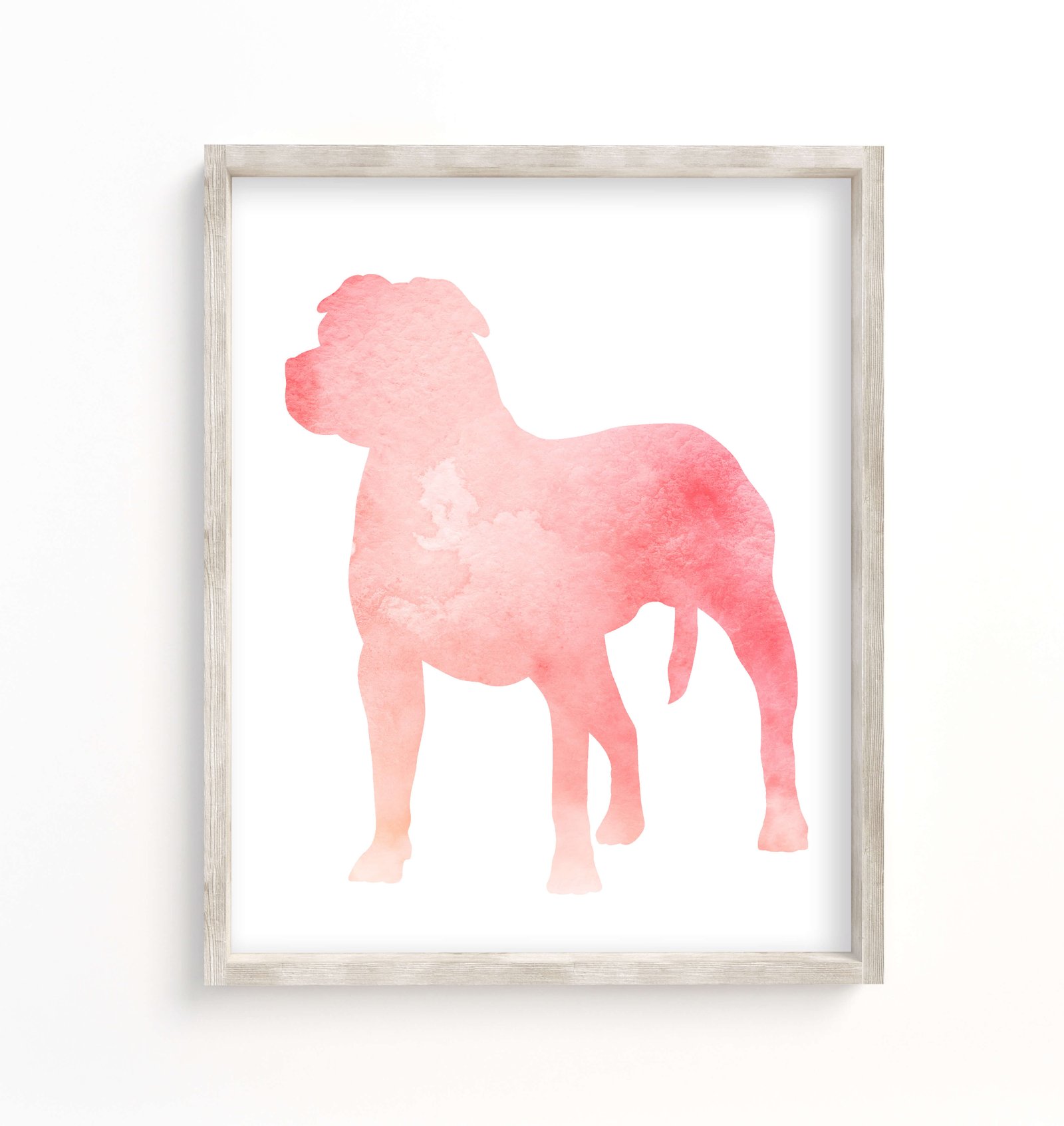 this picture shows an art print with a pink watercolor staffordshire terrier