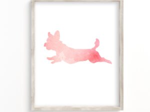 pink watercolor maltese art print showing a jumping maltese