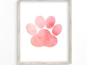 pink wall art print of a dog paw print