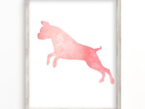 art print feautirng a pink silhouette of a jumping boxer dog